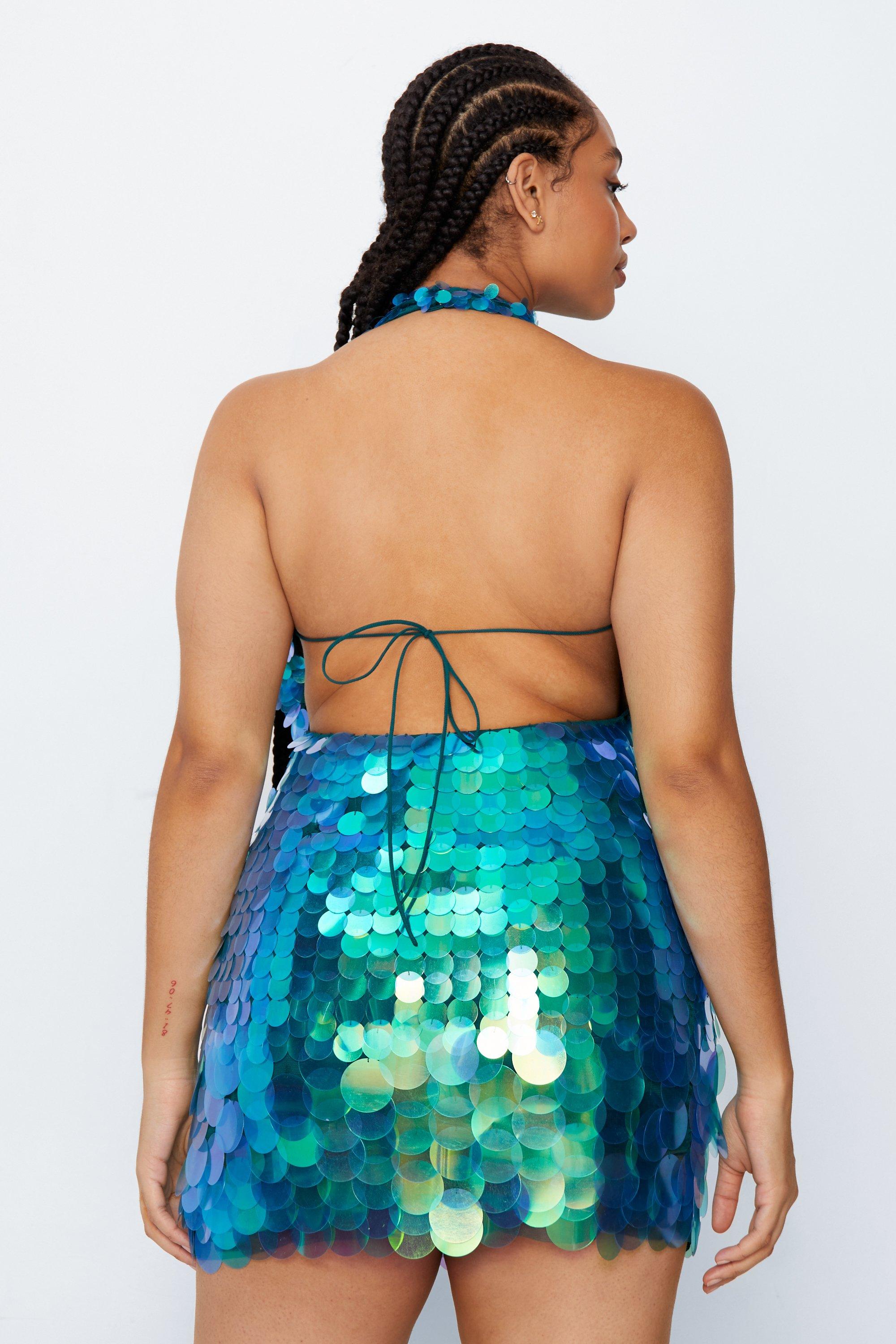 Plus Size Mermaid Sequin Halter Neck Mini Dress