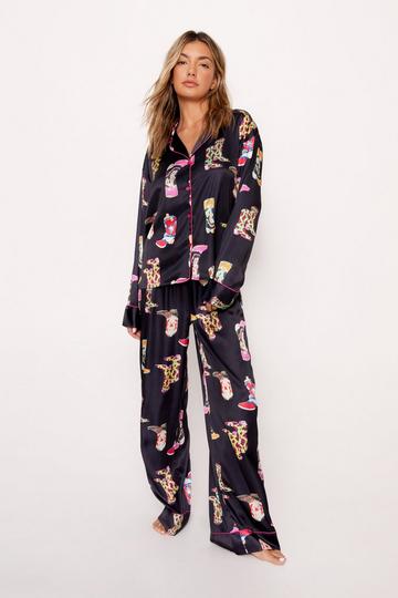 Satin Cowboy Boots Oversized Pajama Pants Set black