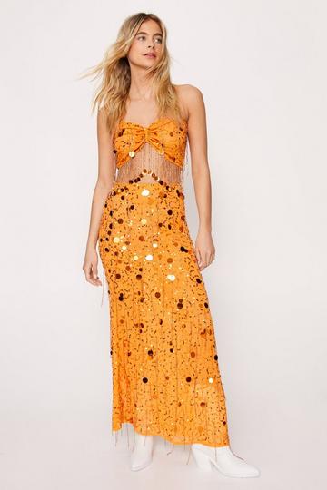 Premium Hand Embellished Tassel Bralette And Split Maxi Skirt orange