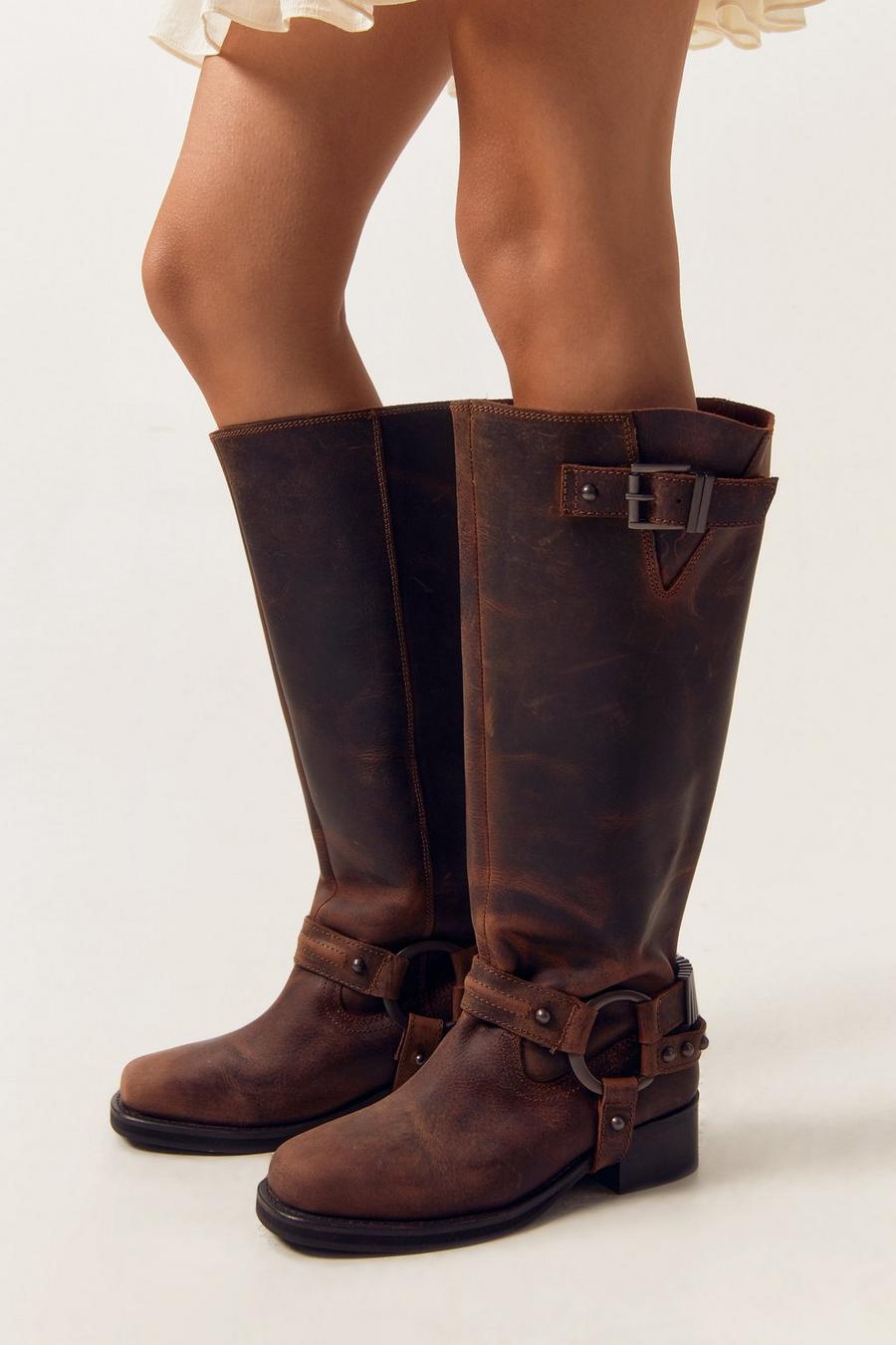 Tan Tarnished Leather Buckle Harness Knee High Boots