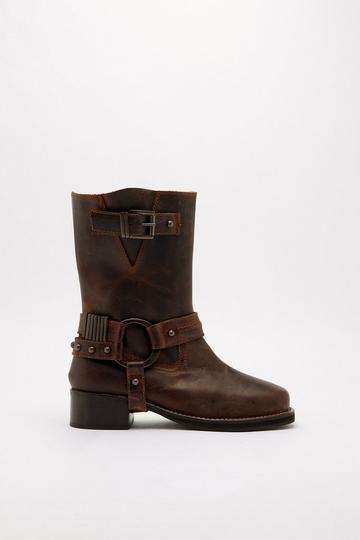 Tan Brown Tarnished Leather Buckle Harness Ankle Boots