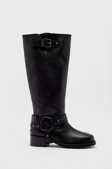 Tarnished Leather Buckle Harness Knee High Boots black