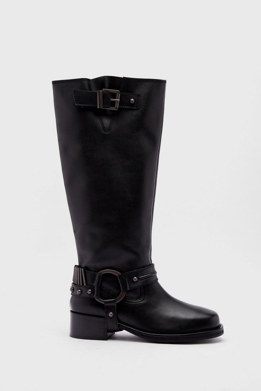 Black Tarnished Leather Buckle Harness Knee High Boots