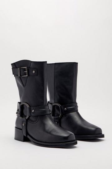 Tarnished Leather Buckle Harness Ankle Boots black