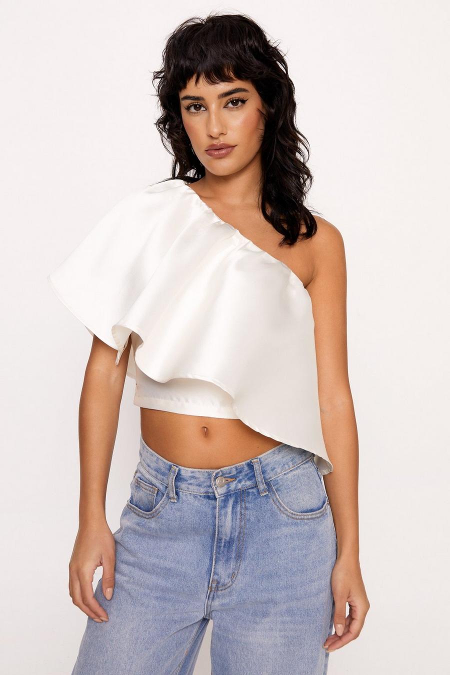 Ivory One Shoulder Satin Twill Blouse