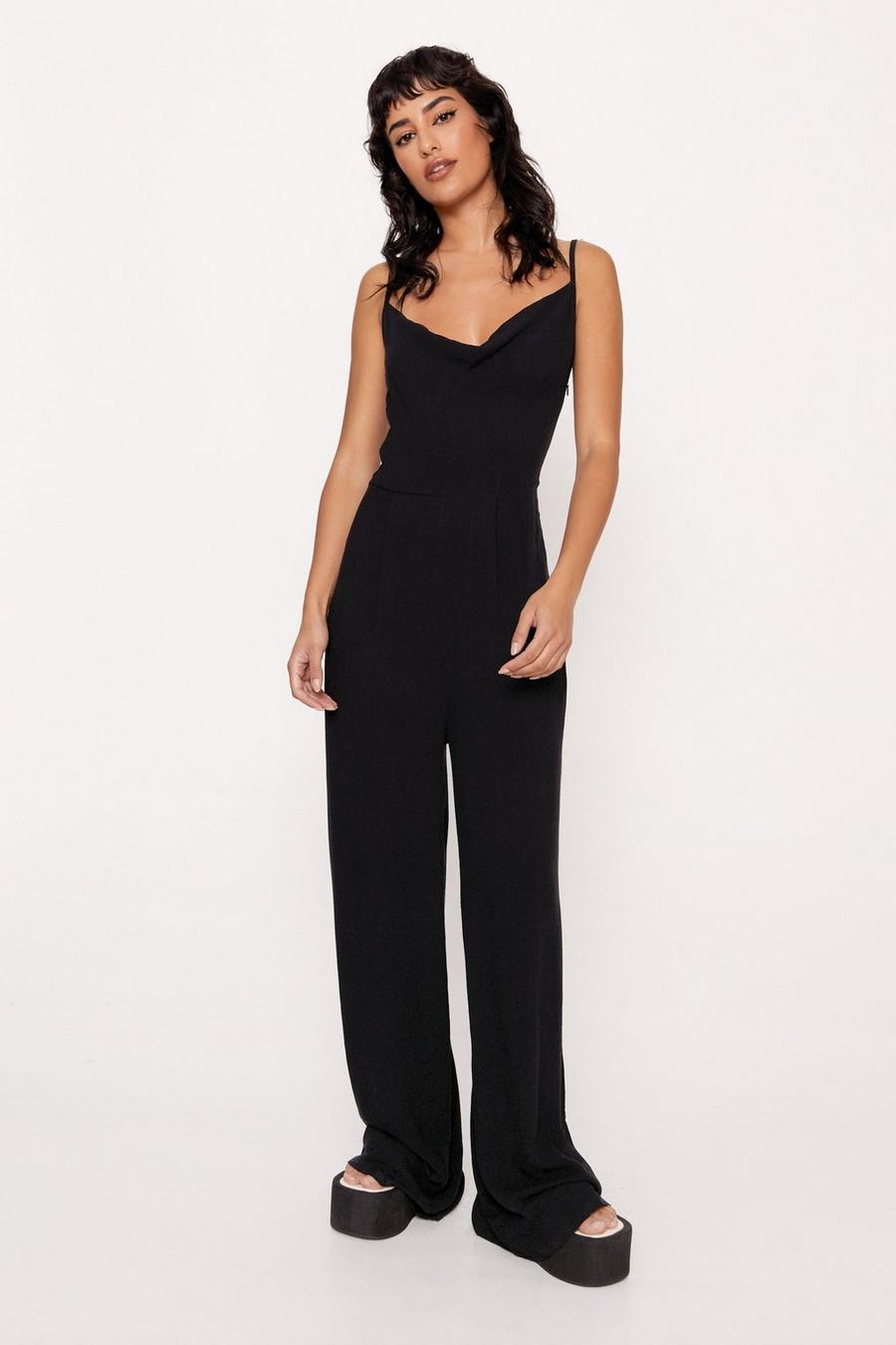 Black Linen Look Cowl Neck Relaxed Jumpsuit