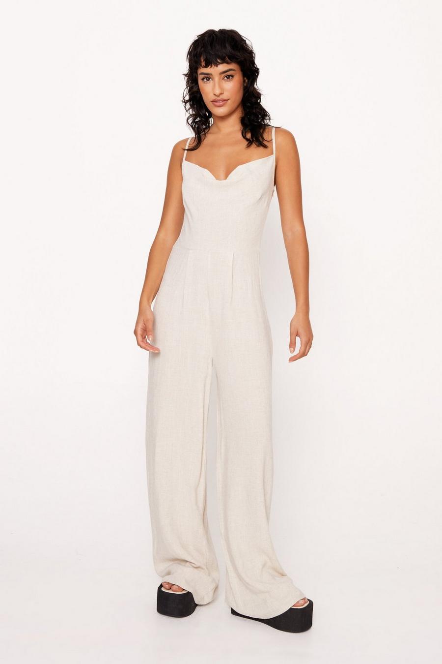 Stone Linen Look Cowl Neck Relaxed Jumpsuit