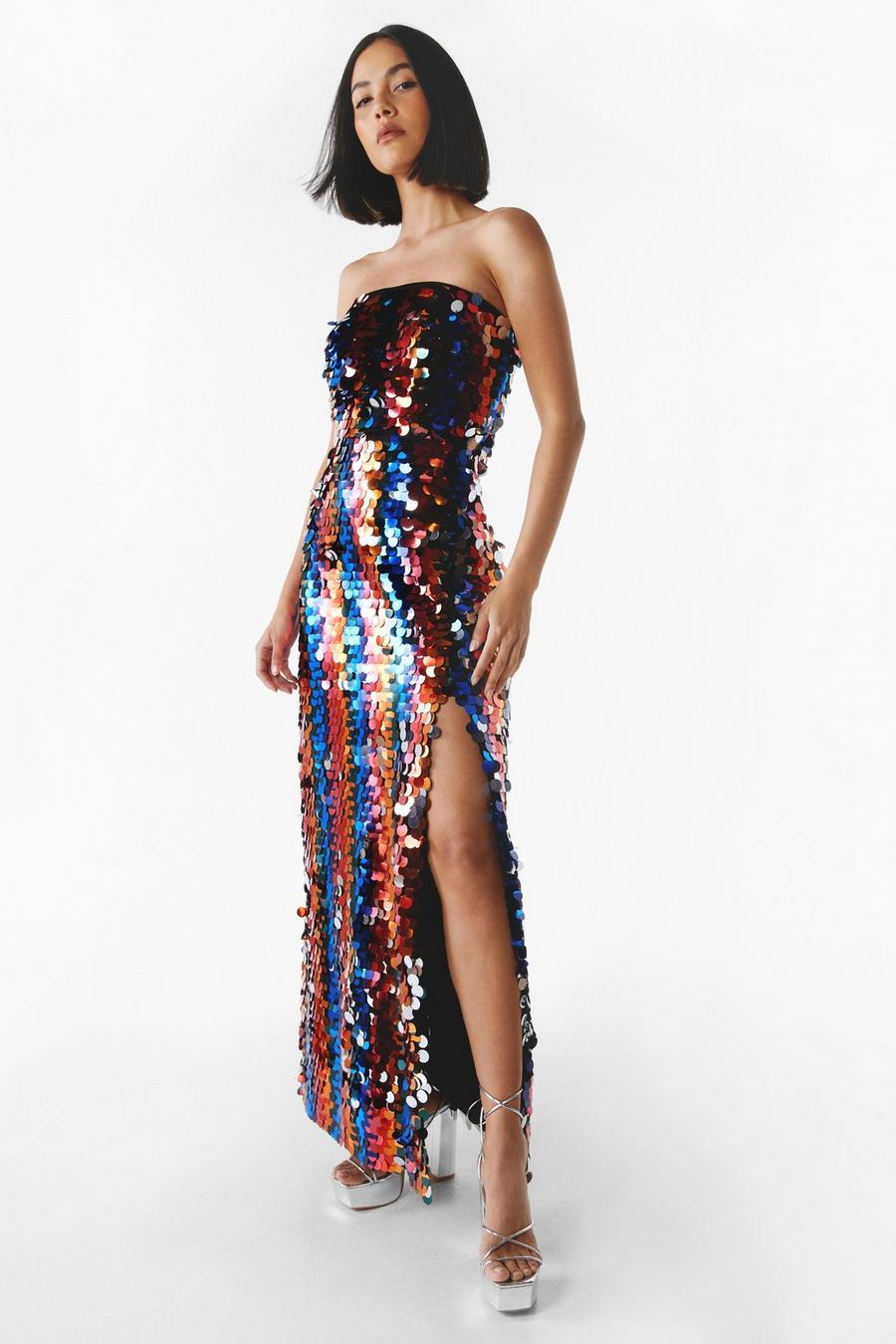Multi Premium Stripe Disc Sequin Bandeau Maxi Dress