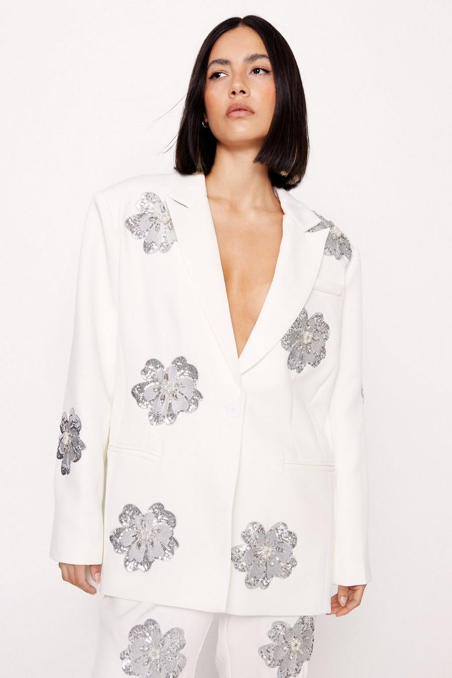 White Premium Floral Sequin Embellished Blazer image number 1