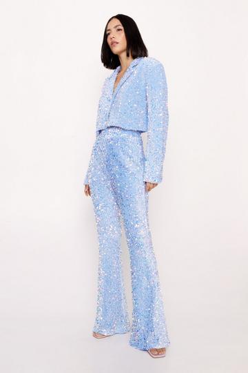 Blue Premium Velvet Sequin Flare Pants