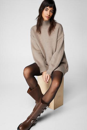 Stone Beige Brushed Knit Oversized Turtleneck Sweater Dress