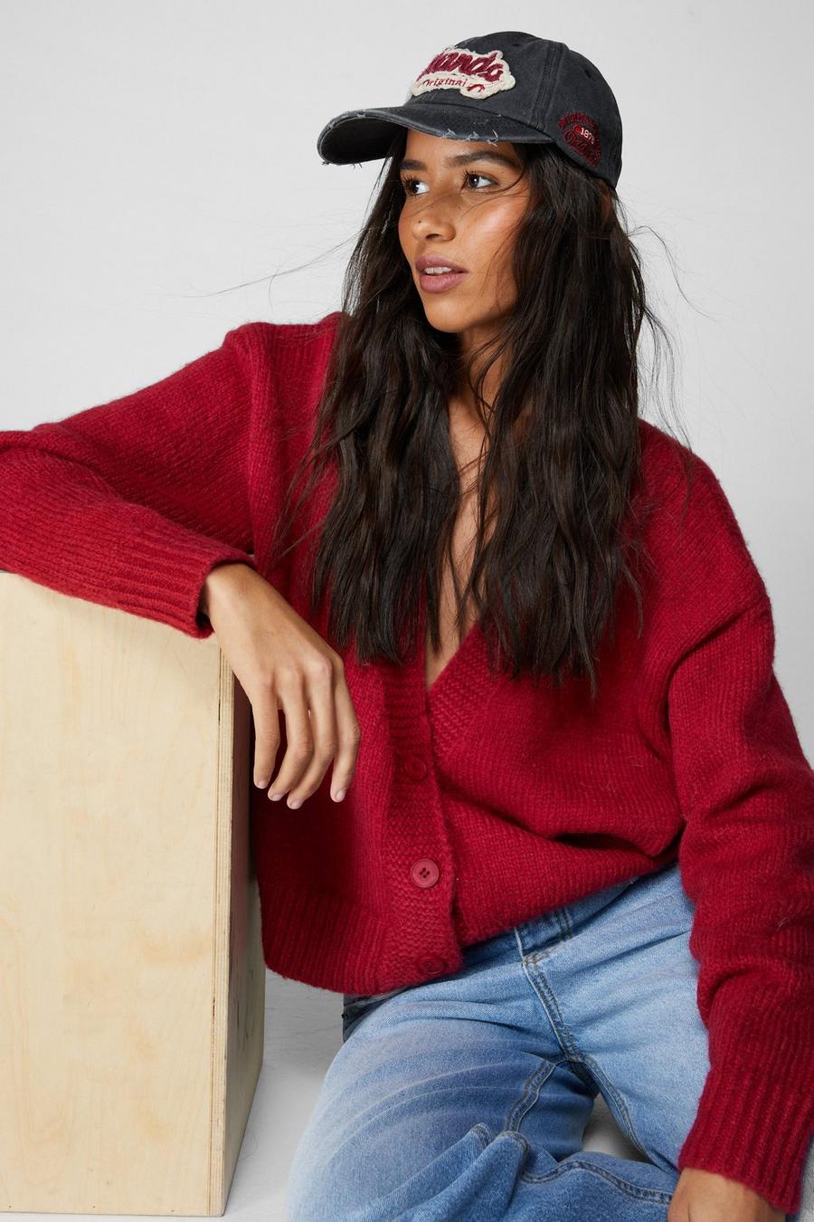 Red Oversized Brushed Knit Cropped Cardigan image number 1