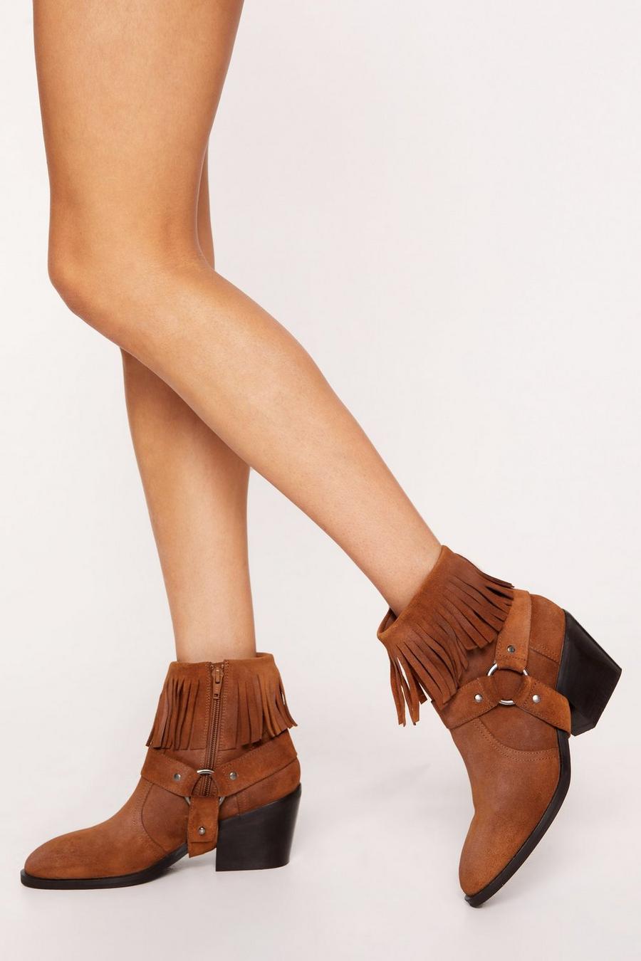 Tan Tarnished Suede Fringe Harness Ankle Cowboy Boots
