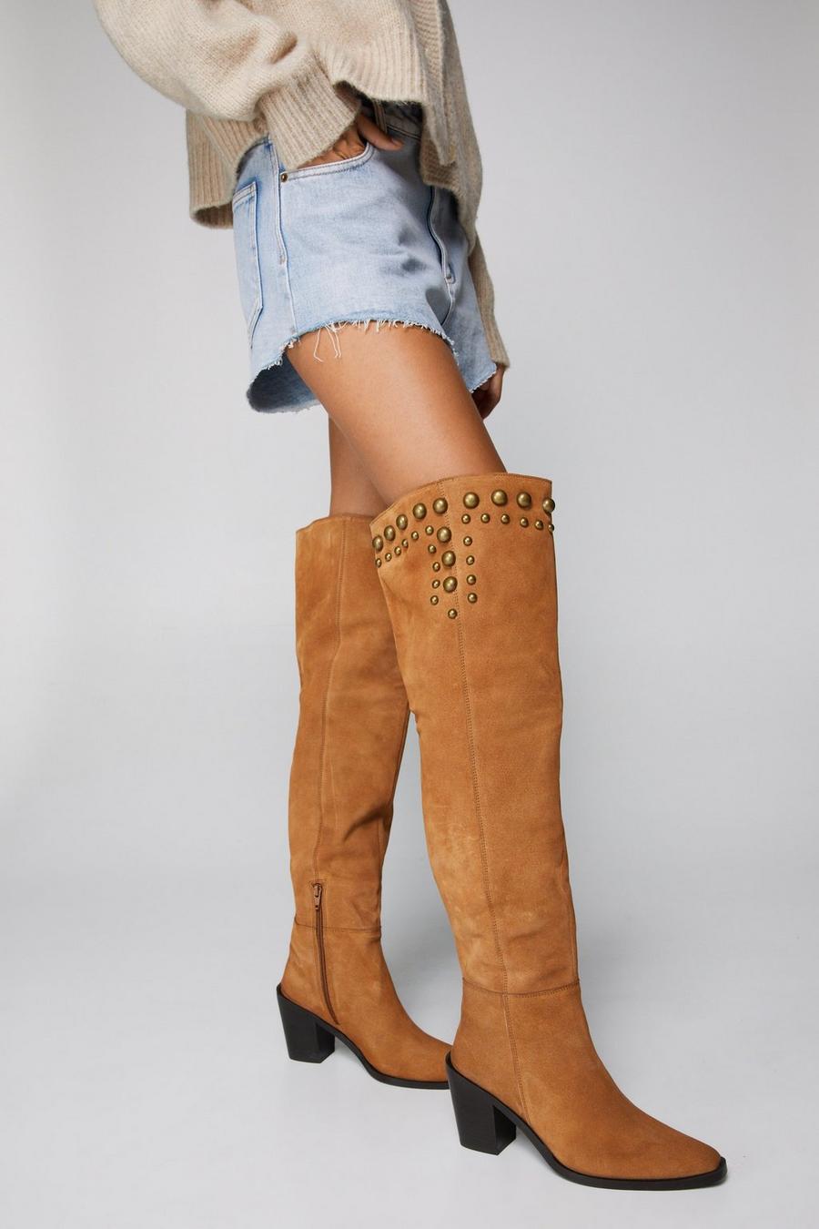 Tan Real Suede Studded Over the Knee Boots