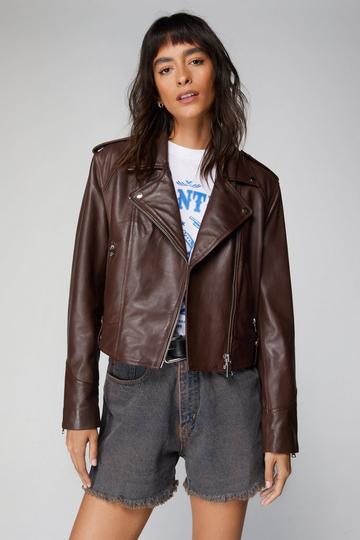 Petite Real Leather Shrunken Biker Jacket chocolate