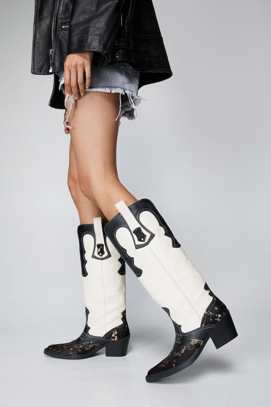 Cream Real Leather Knee High Cowboy Boots