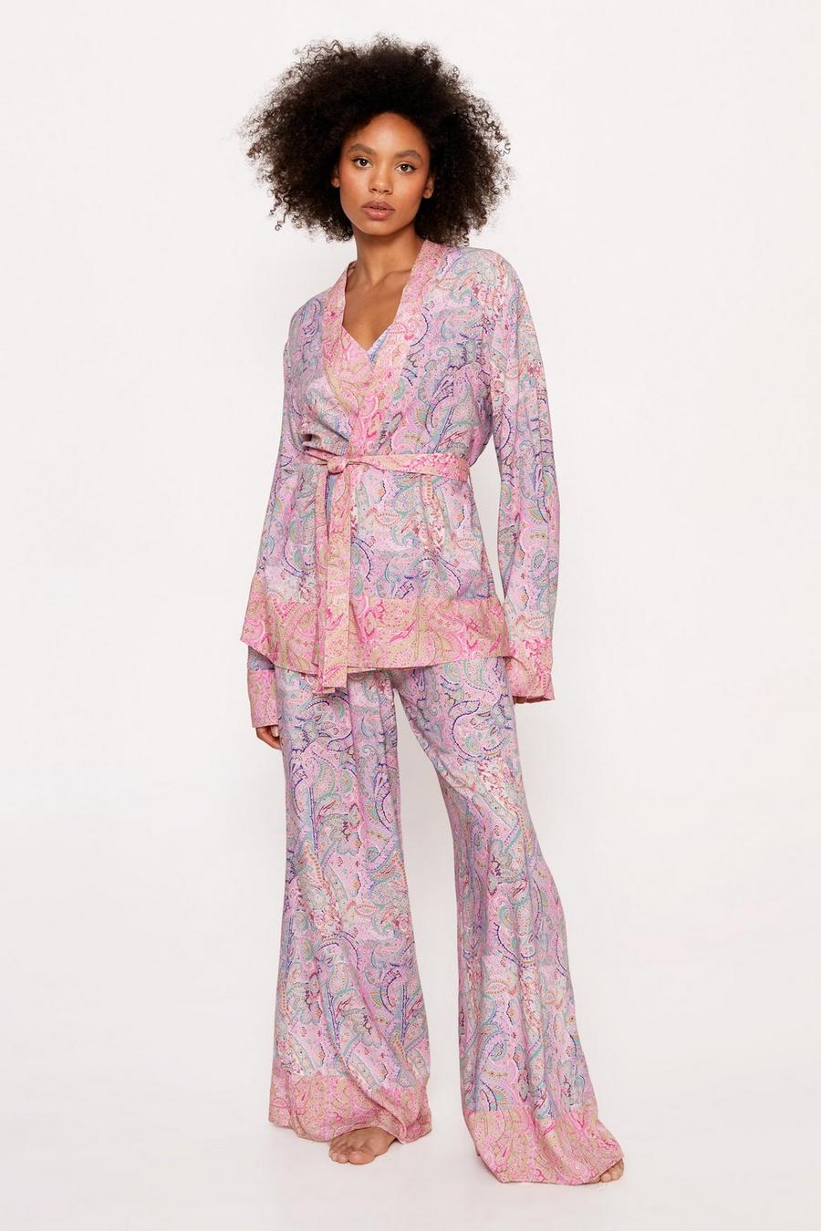 Pale pink Paisley Splice Bralette Wrap Kimono Pajama Pants 3pc Set