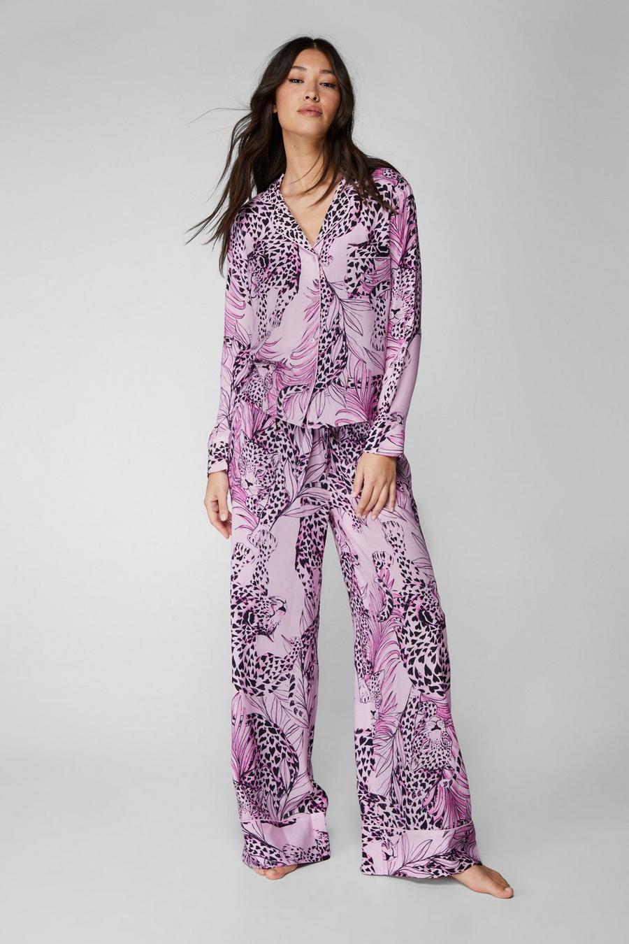Mauve Cheetah Print Long Sleeve Pyjama Trouser Set image number 1