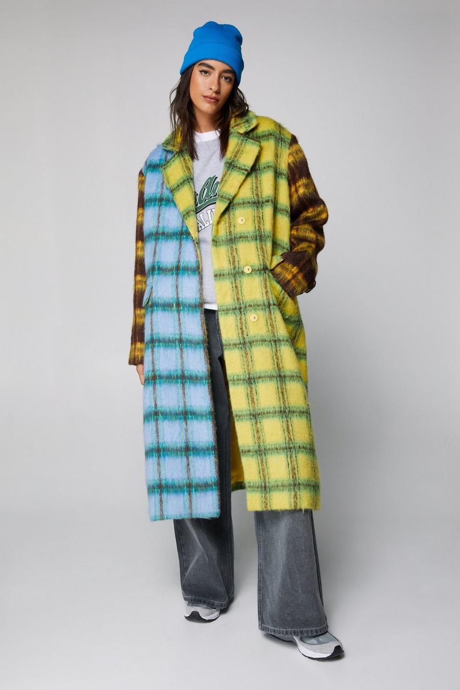 Multi Wool Look Contrast Plaid Panelled Coat