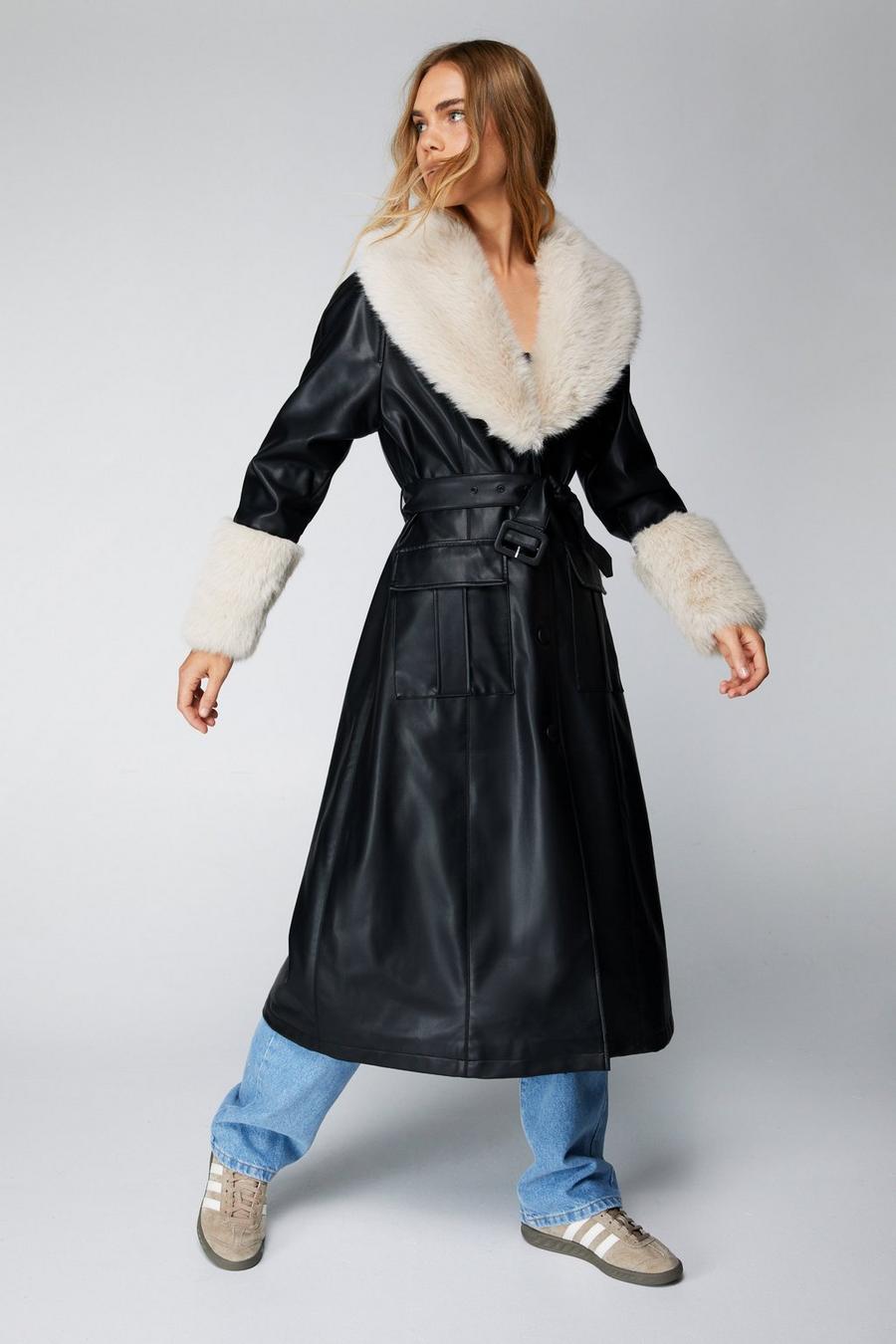 Women's Faux Fur Trim Faux Leather Trench Coat | Boohoo UK