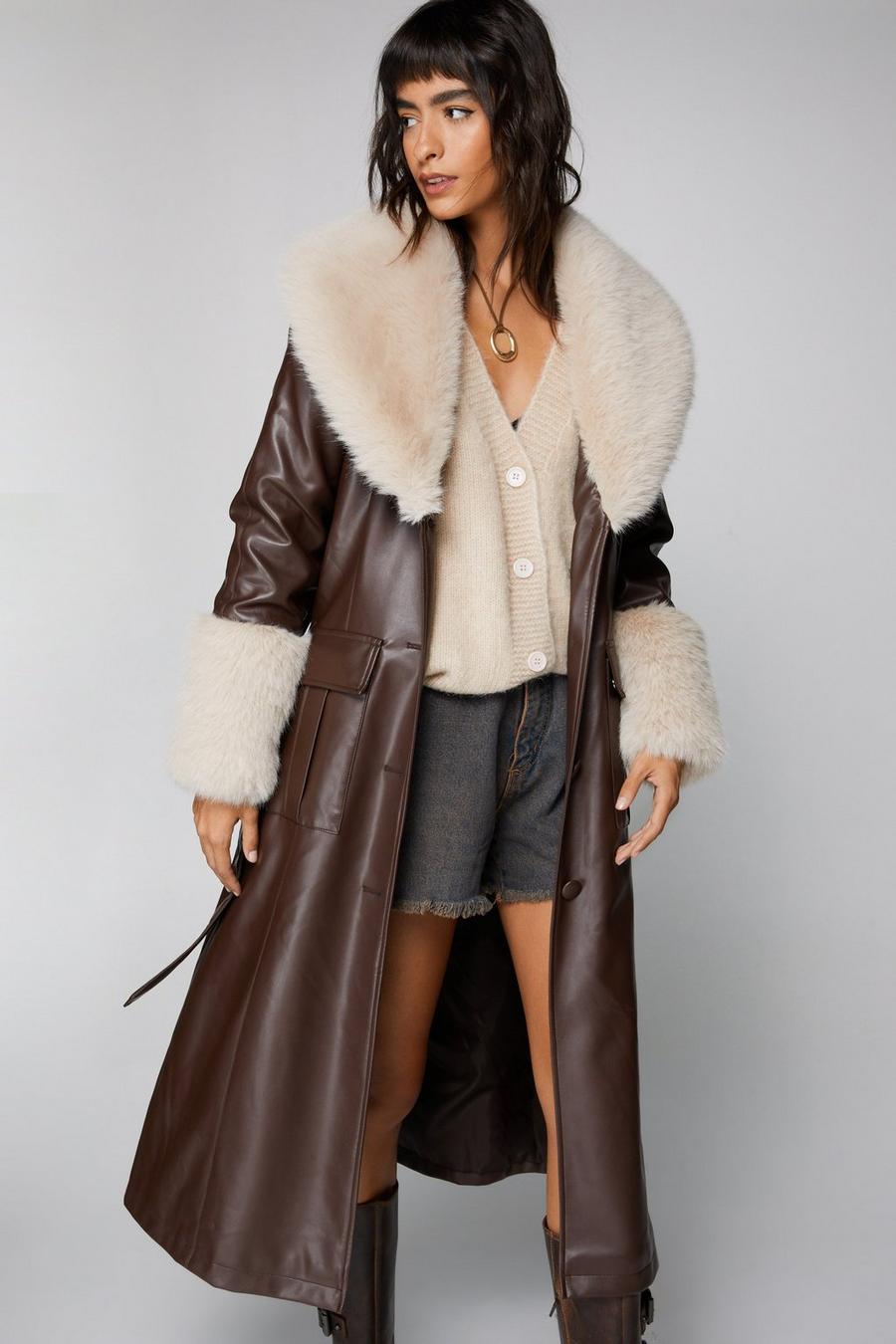 Chocolate Faux Fur Trim Faux Leather Trench Coat