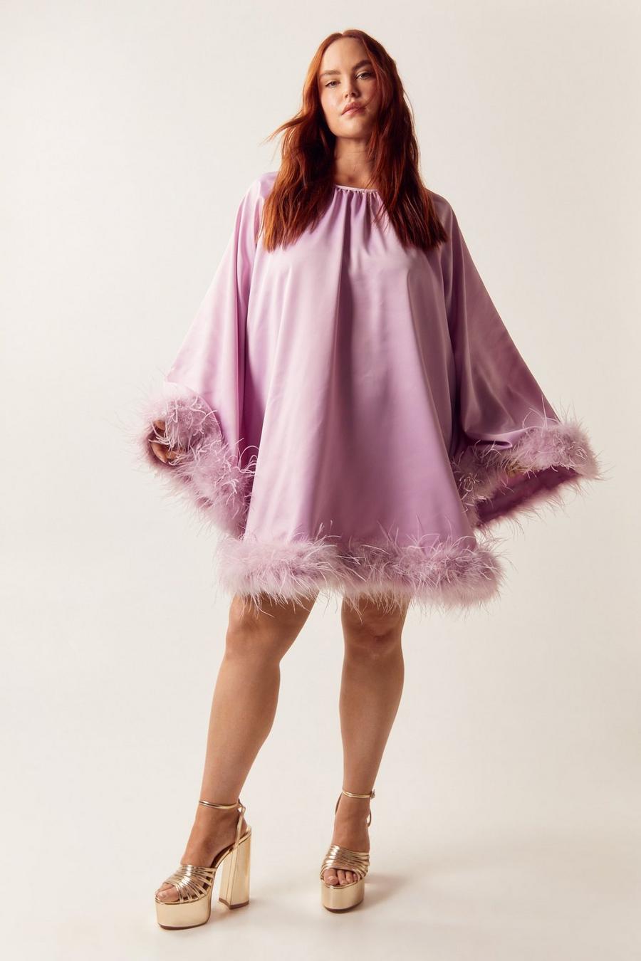 Lilac Plus Size Feather Trim Satin Swing Dress