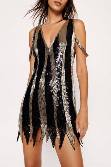 Gold Metallic Stripe Beaded Embellished Mini Dress