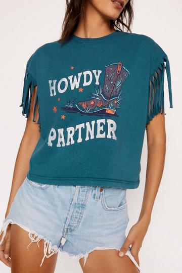 Acid Wash Slogan Fringe Sleeve T-Shirt dark green