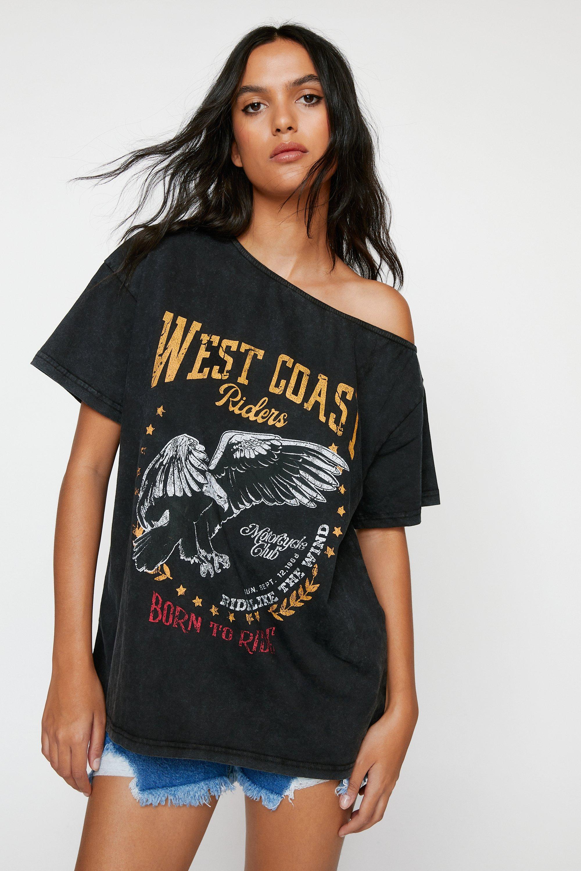 Acid Wash Off Shoulder Slogan Oversized T shirt