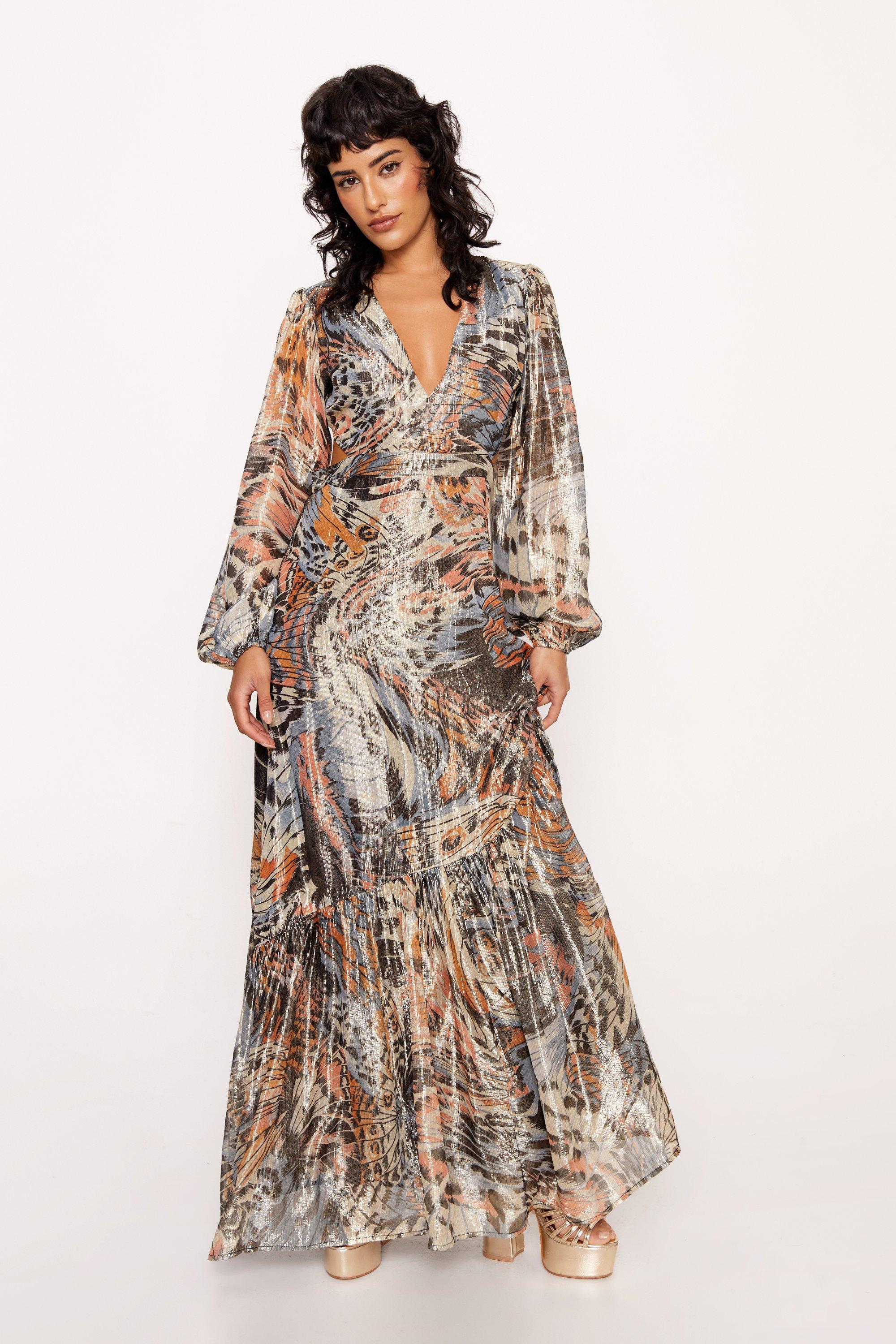 Butterfly Print V Neck Maxi Dress