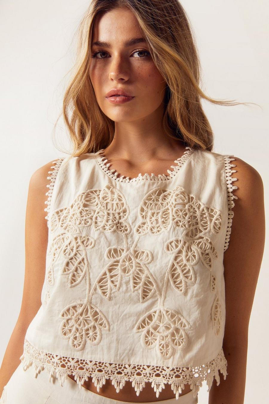 Ivory  Hand Cut Work Lace Trim Top  image number 1
