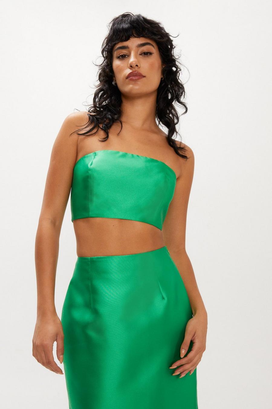Green  Structured Satin Twill Bandeau Crop Top 