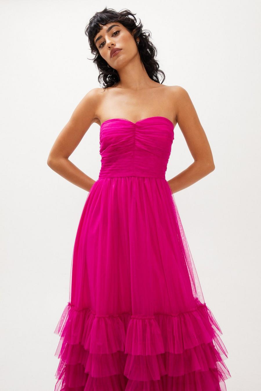 Hot pink Tulle Frill Bandeau Maxi Dress
