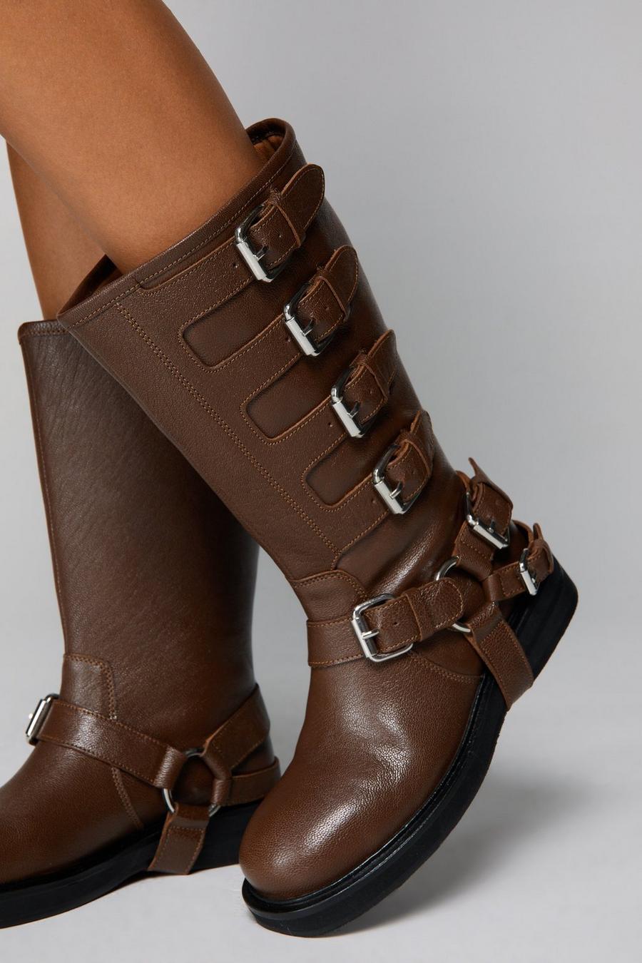 Tan Real Leather Multi Buckle Biker Boots