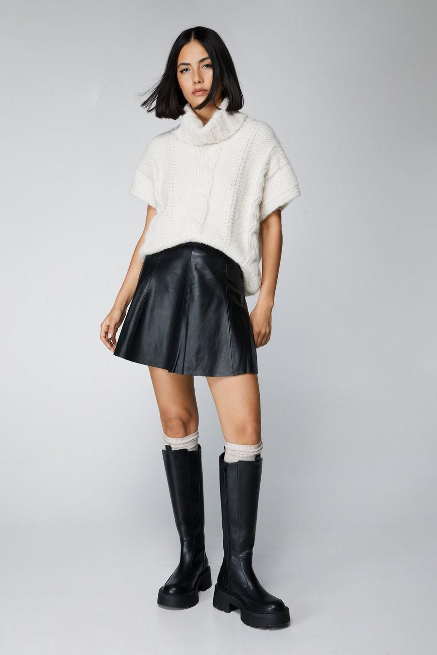Black Essentials Real Leather Flippy Skirt