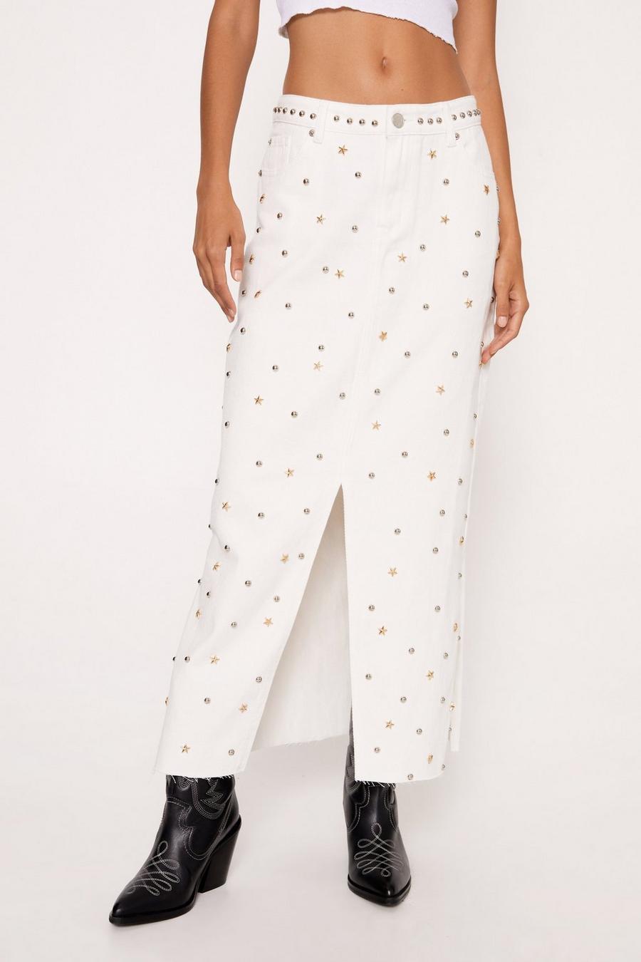 White Star Embellished Denim Maxi Skirt image number 1