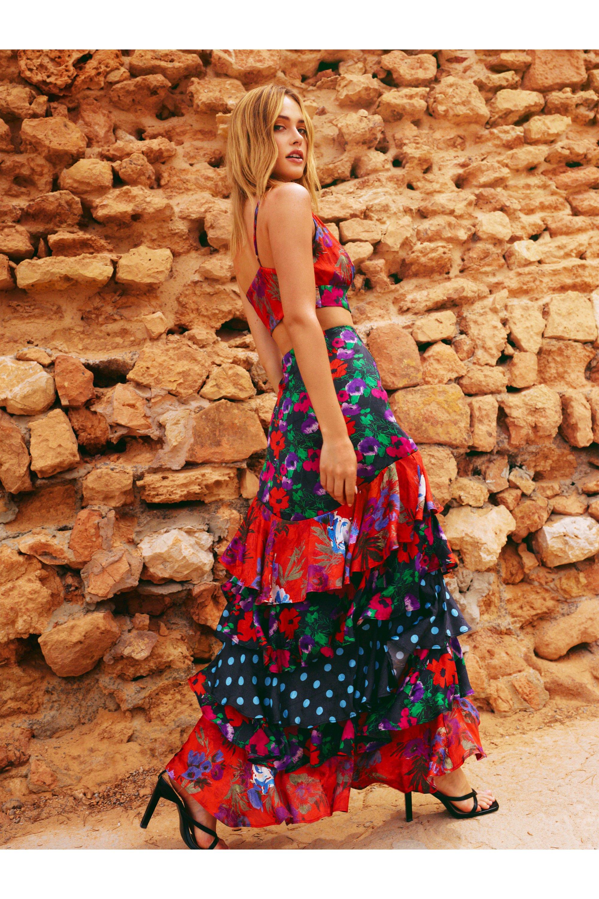 Floral print clearance tiered maxi skirt