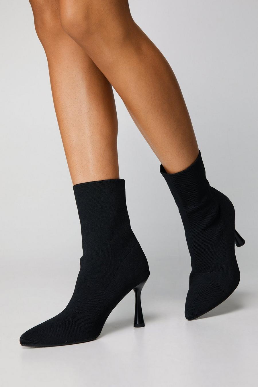 Black Knitted Pointed Toe Ankle Sock Boots image number 1
