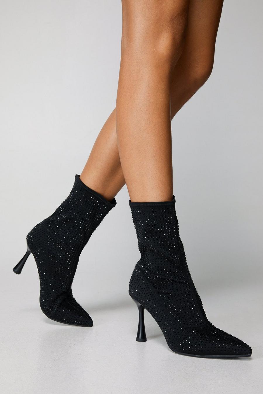 Black Embellished Pointed Toe Ankle Sock Boots image number 1
