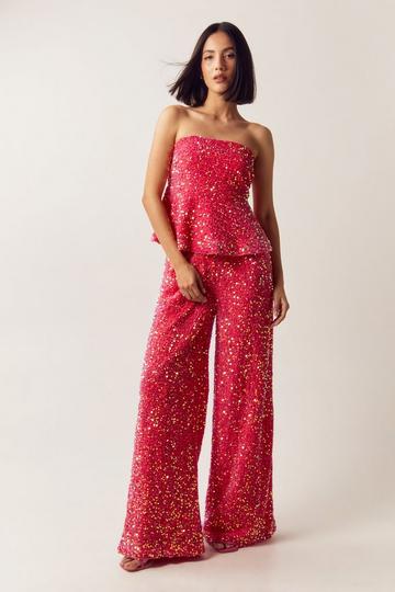 Tailored Velvet Sequin Wide Leg Pants coral