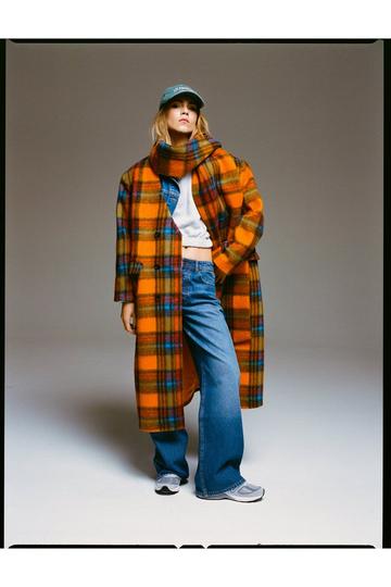 Orange Premium Wool Blend Check Scarf Coat