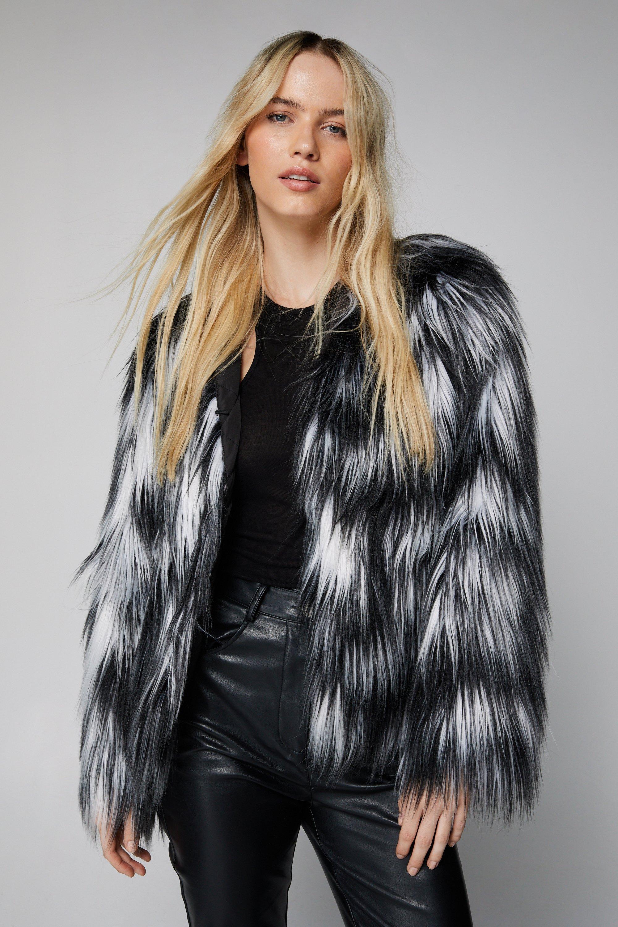 Black collarless shop fur jacket