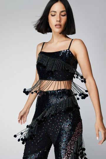 Disc Sequin Tassel Beaded Crop Top black