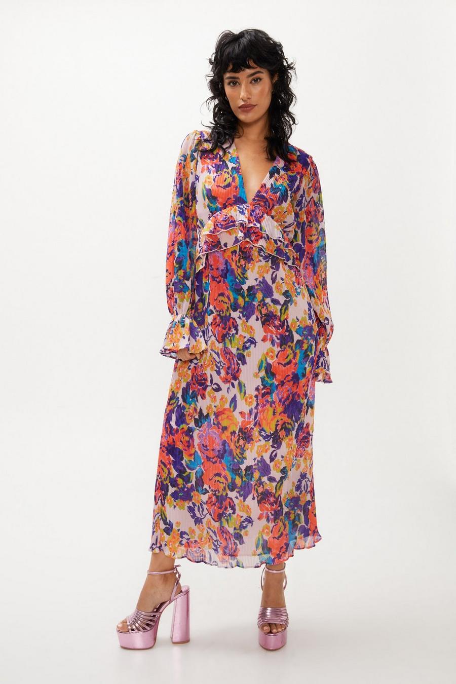 Ivory Floral Print Pleated Maxi Dress