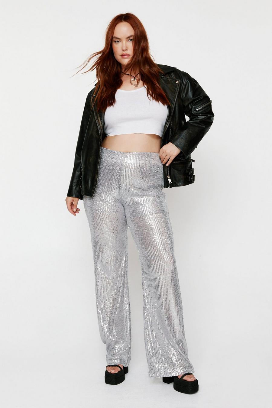 Silver Plus Size Sequin Flare Pants