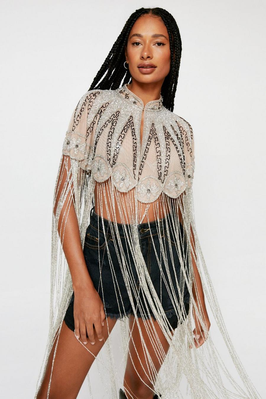 Silver Beaded Long Tassel Cape image number 1