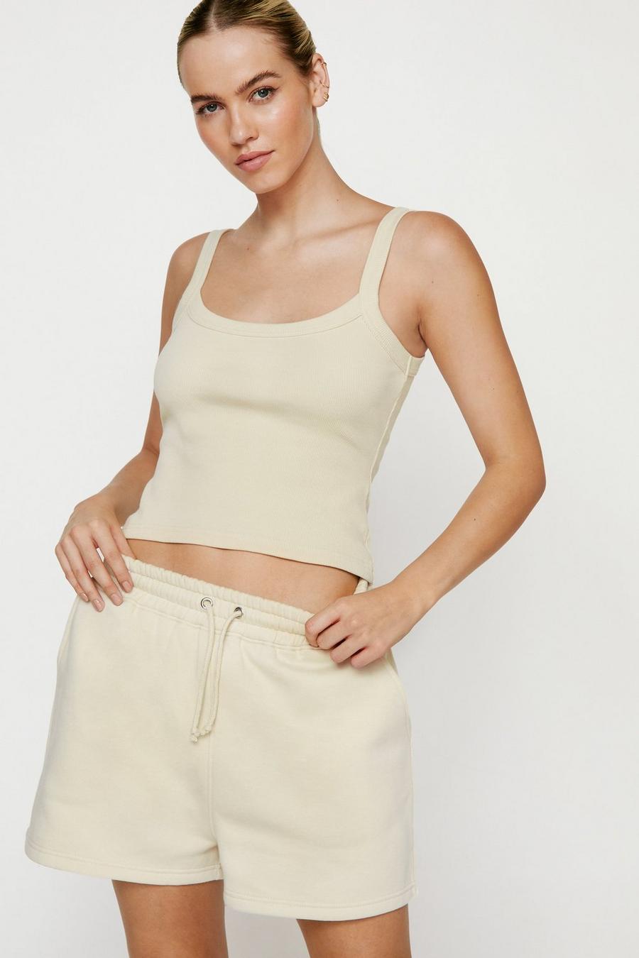 Ecru Ribbed Tank Top And Sweat Shorts Two Piece Set