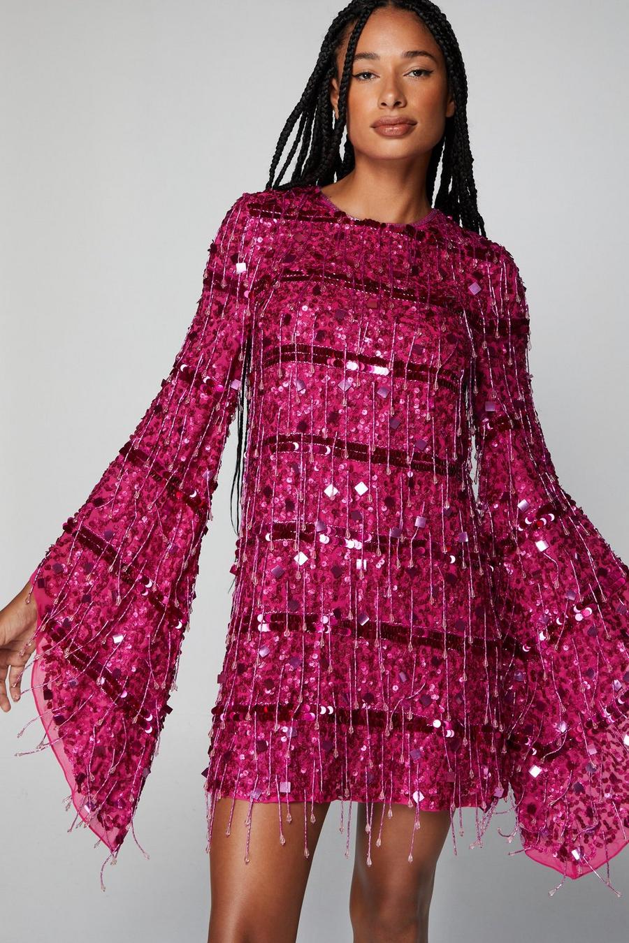 Hot pink Beaded Tassel Flare Sleeve Mini Dress