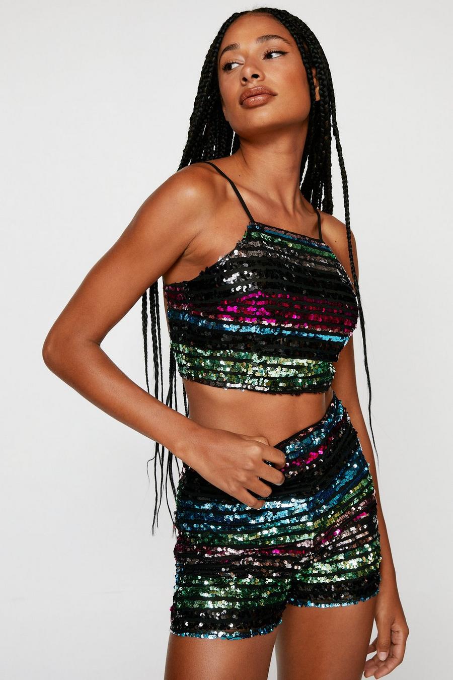 Multi Stripe Sequin High Waisted dona Shorts image number 1