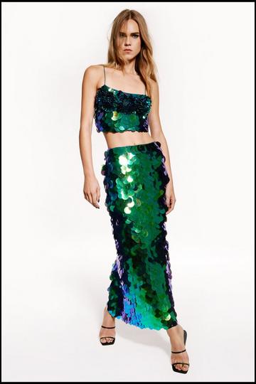 Green Disc Sequin Midi Skirt